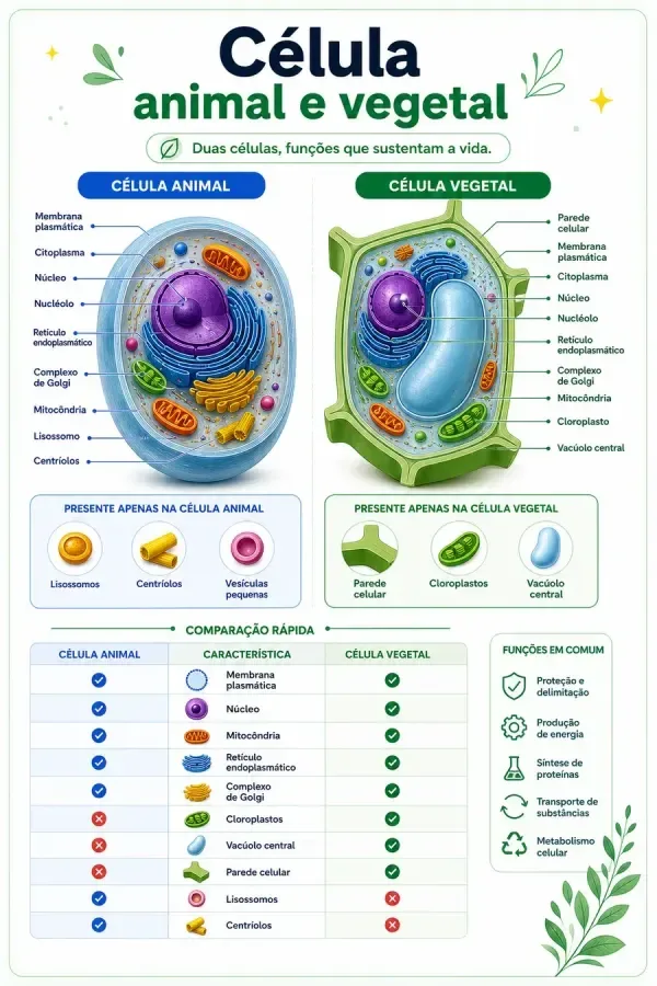 Esquema de célula animal e vegetal